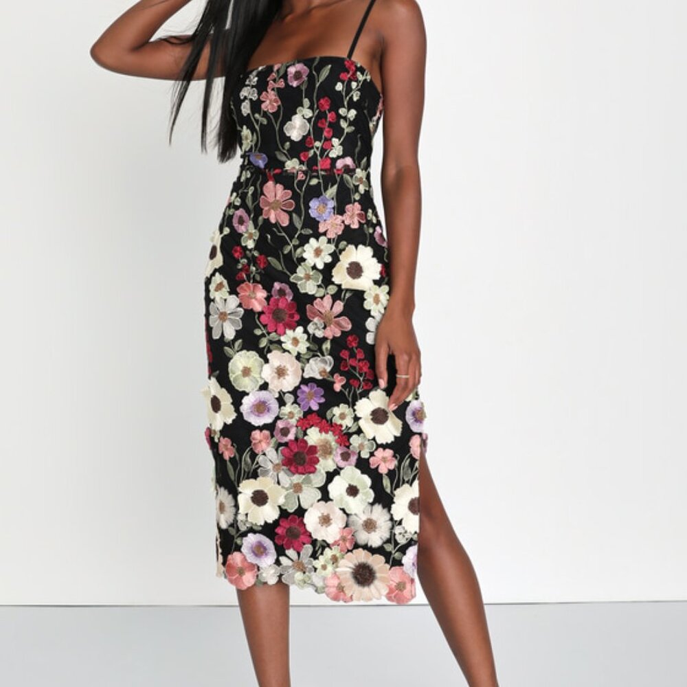 Lulus Thriving Energy Black 3d Floral Embroidered Lace-up Midi Dress - Size S